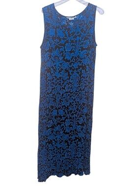 Vintage 1990s Sleeveless Blue and Black Floral-Print Maxi Dress